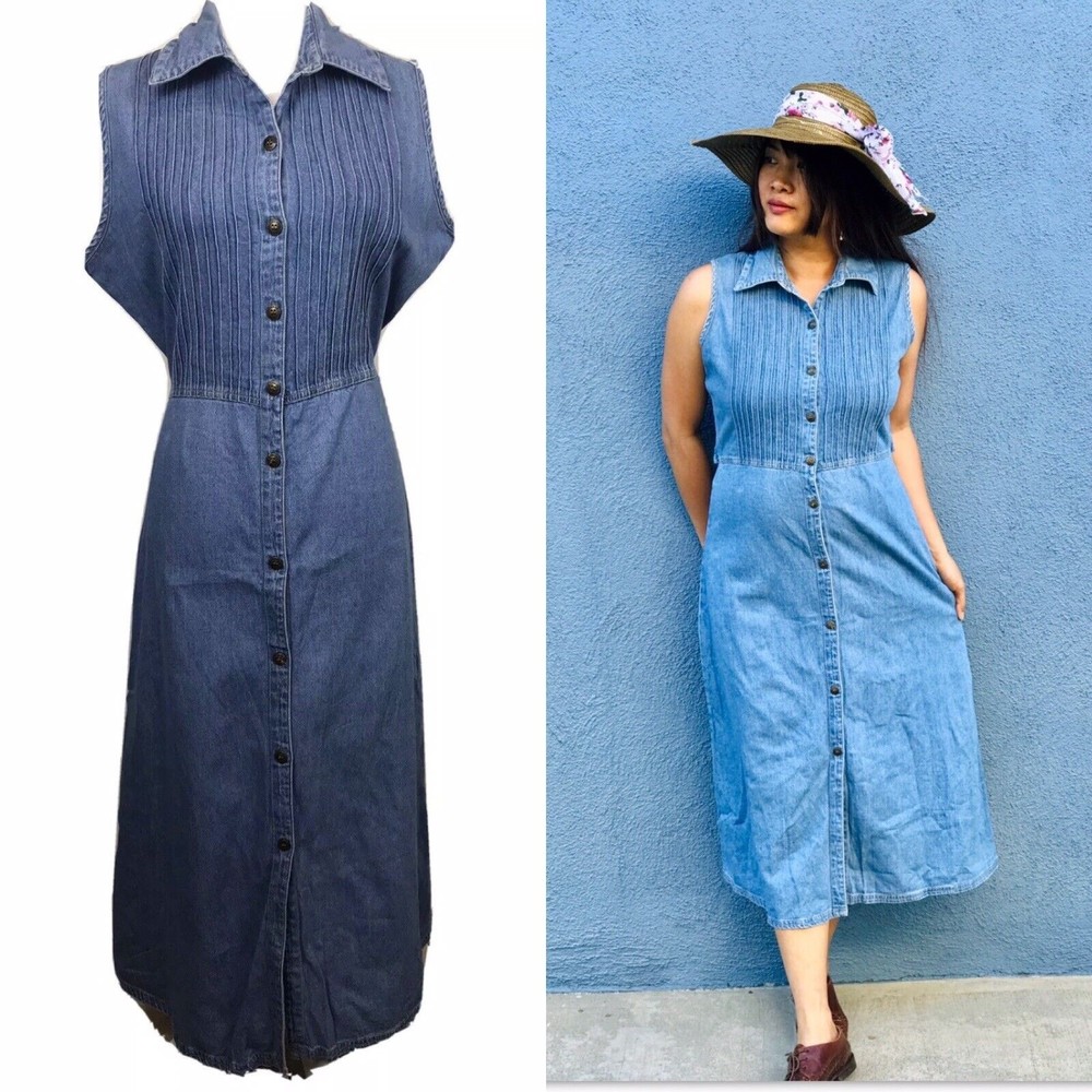 Vintage "CHEROKEE" Sleeveless Button Front Long Jean Dress Women's( M )Tie back